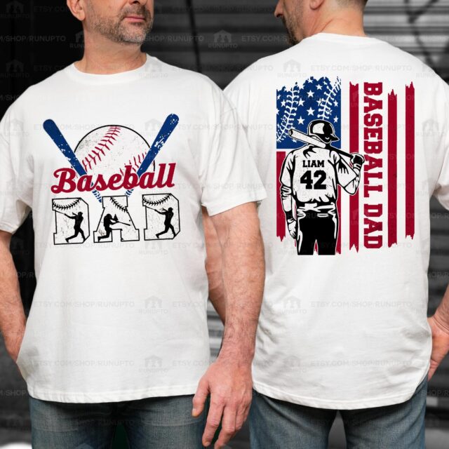 Personalized Baseball Dad Shirt – Custom Name & Number, American Flag Grandpa Gift