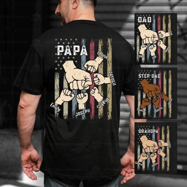 4th of July Papa Shirt with Grandkids Hands and Fist Bump – Custom Dad Matching Shirt