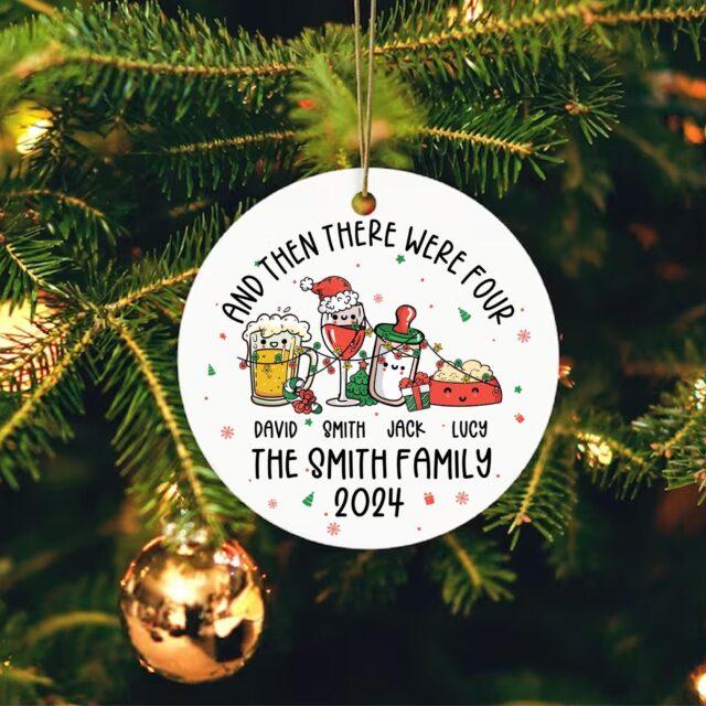Personalized Family of Four Ornament – Baby’s First Christmas with Pet