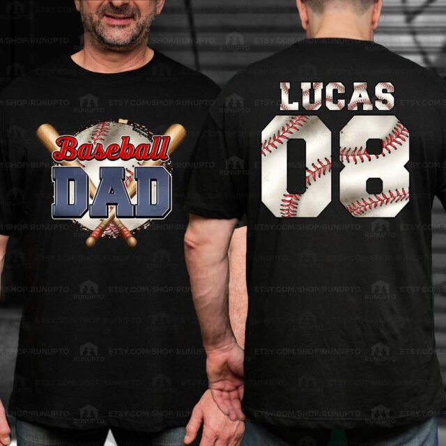 Personalized Baseball Dad Shirt – Custom Name & Number American Flag Baseball Grandpa Tee