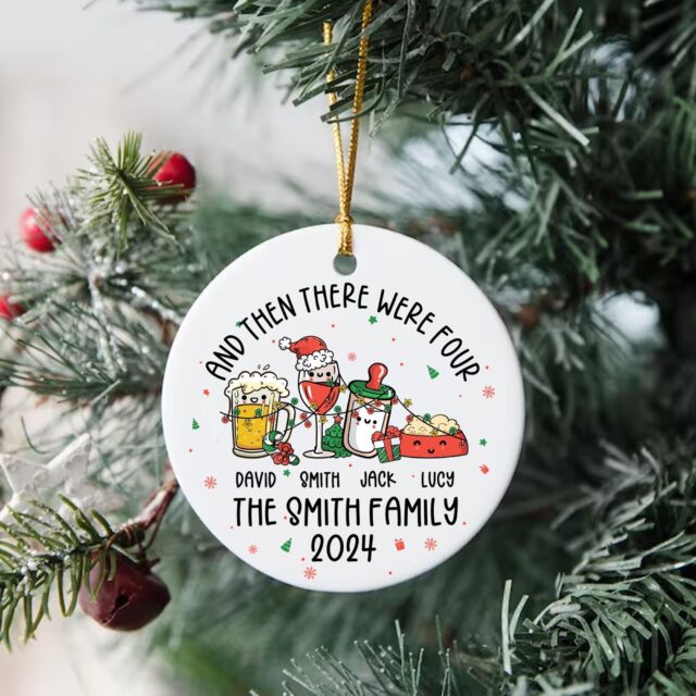 Personalized Family of Four Ornament – Baby’s First Christmas with Pet