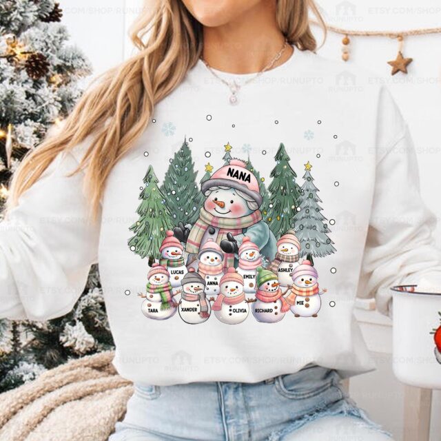 Personalized Cozy Snowman Grandma Christmas Shirt – Grandkids Design