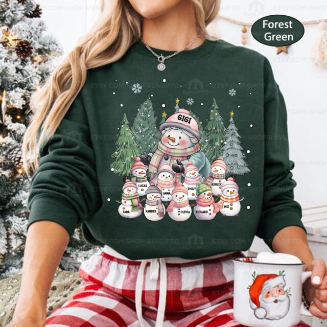 Personalized Cozy Snowman Grandma Christmas Shirt – Grandkids Design