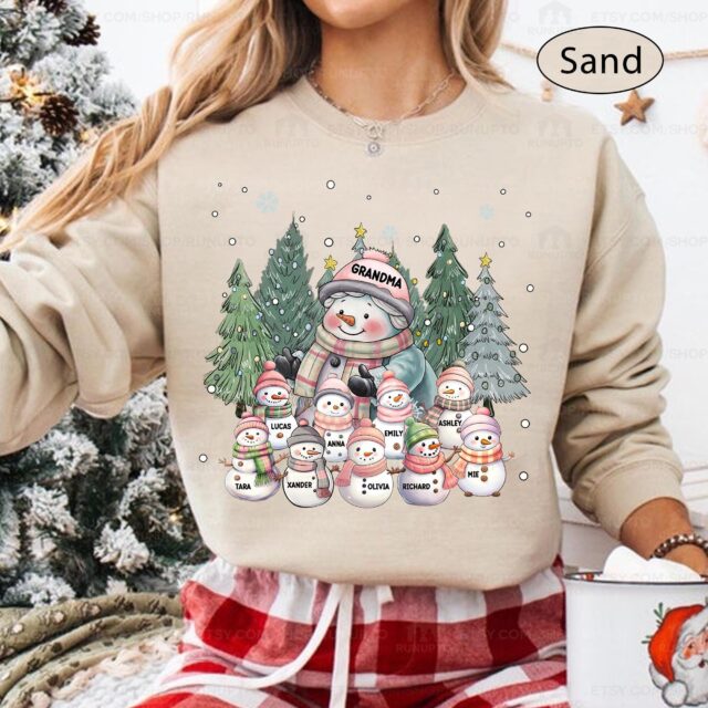 Personalized Cozy Snowman Grandma Christmas Shirt – Grandkids Design