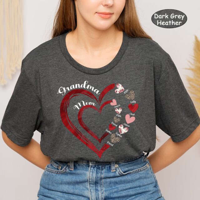 First Mom Now Grandma Heart Shirt with Kids and Grandkids Names