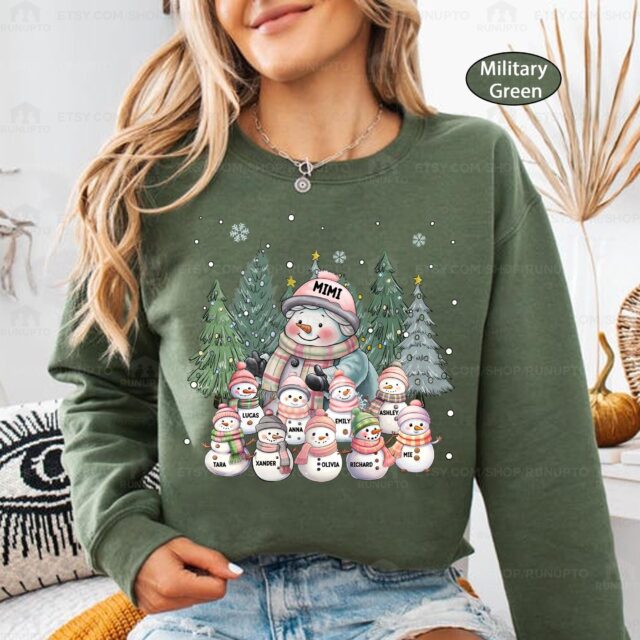 Personalized Cozy Snowman Grandma Christmas Shirt – Grandkids Design