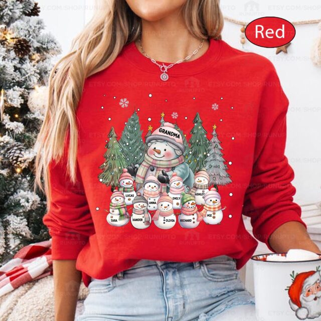 Personalized Cozy Snowman Grandma Christmas Shirt – Grandkids Design