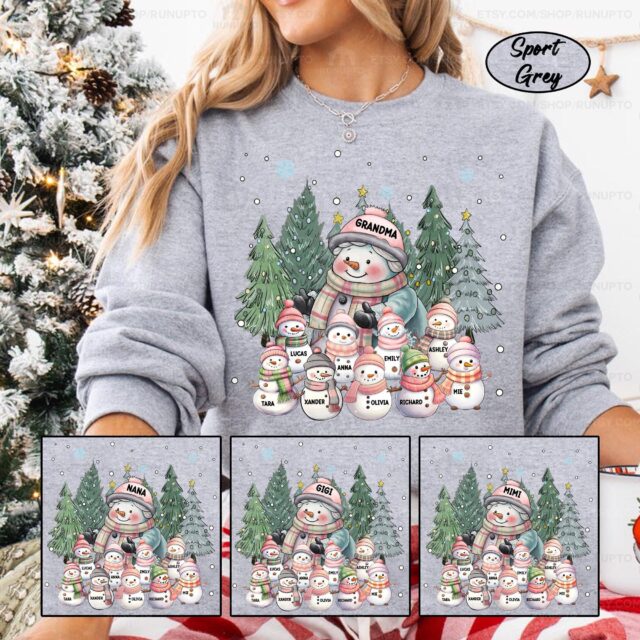 Personalized Cozy Snowman Grandma Christmas Shirt – Grandkids Design