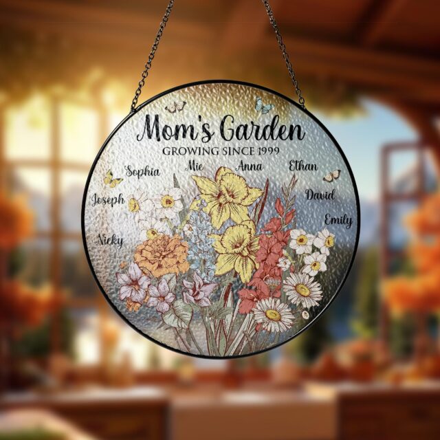 Custom Mom’s Garden Flower Stained Glass Suncatcher – Acrylic Birth Month Flowers with Grandkids’ Names
