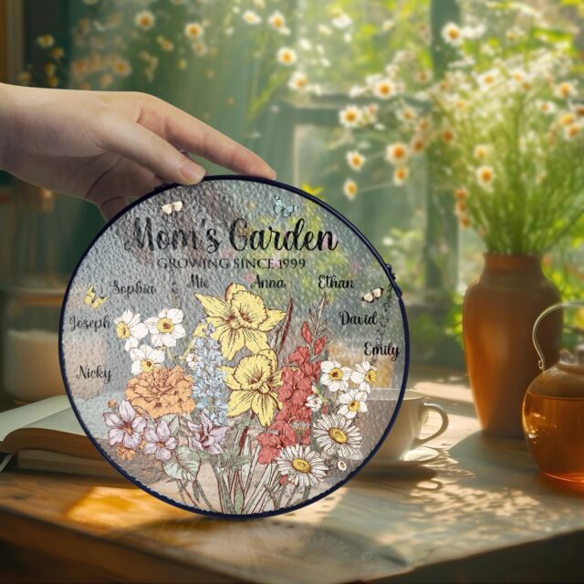 Custom Mom’s Garden Flower Stained Glass Suncatcher – Acrylic Birth Month Flowers with Grandkids’ Names