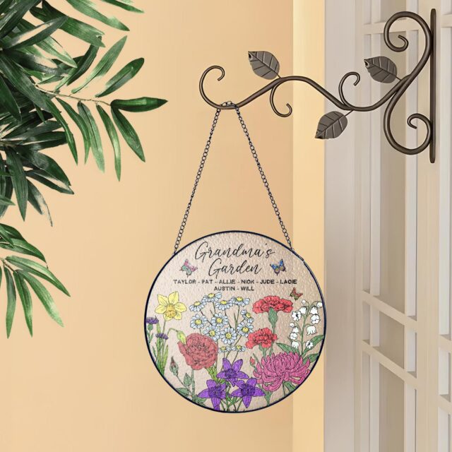 Personalized Birth Month Flowers Stained Glass Suncatcher – Custom Grandma’s Garden Gift with Grandkids’ Names