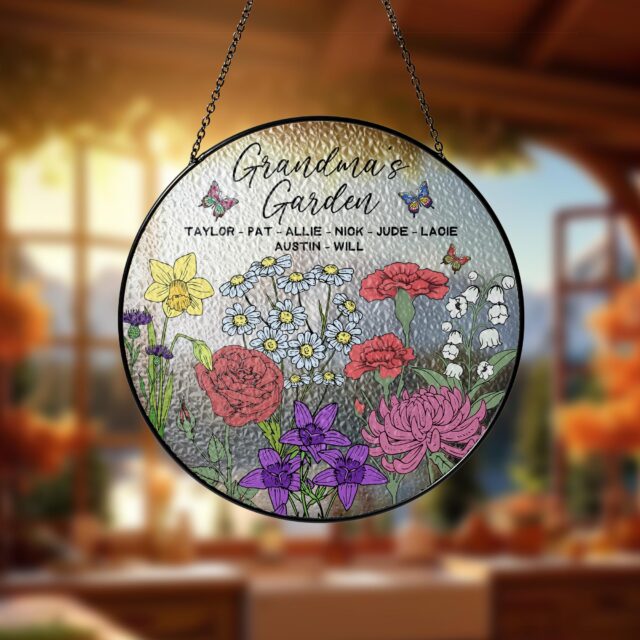 Personalized Birth Month Flowers Stained Glass Suncatcher – Custom Grandma’s Garden Gift with Grandkids’ Names