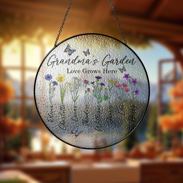 Personalized Birth Month Flowers Grandma’s Garden Suncatcher – Acrylic Glass with Grandkids’ Names