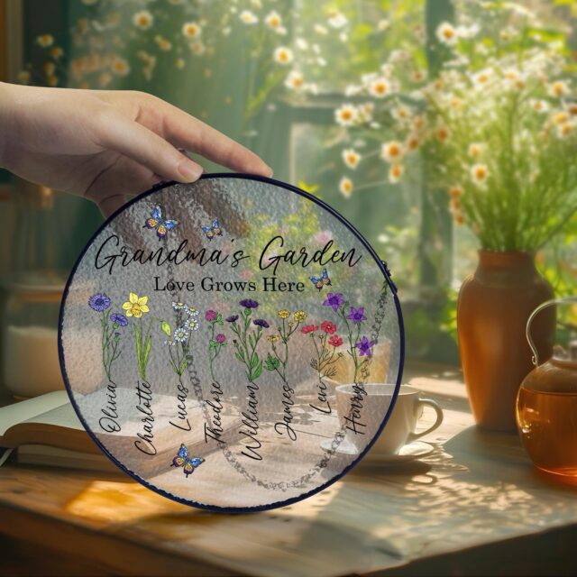 Personalized Birth Month Flowers Grandma’s Garden Suncatcher – Acrylic Glass with Grandkids’ Names