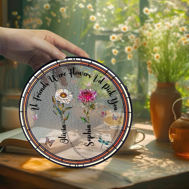 Personalized Birth Flower Stained Glass Suncatcher – “If Friends Were Flowers I’d Pick You” Friendship Gif