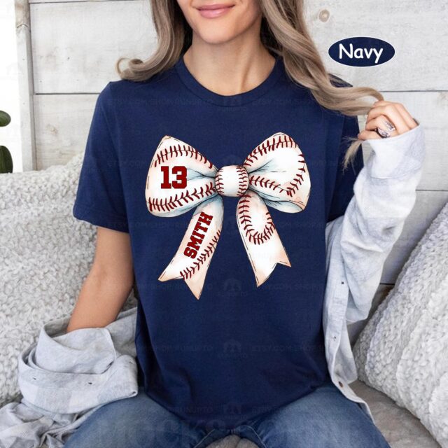 Baseball Mom Shirt – Custom Name & Number Baseball Bow Tee for Baseball Season