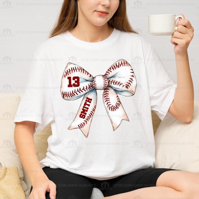 Baseball Mom Shirt – Custom Name & Number Baseball Bow Tee for Baseball Season