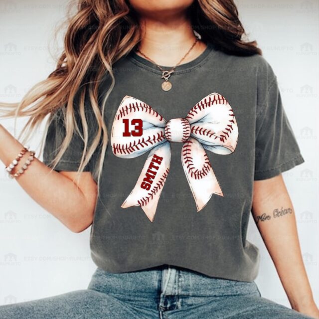 Baseball Mom Shirt – Custom Name & Number Baseball Bow Tee for Baseball Season