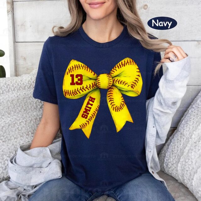 Softball Mom Shirt – Custom Name & Number Softball Bow Tee for Softball Season