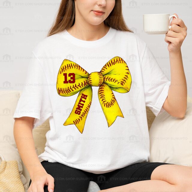 Softball Mom Shirt – Custom Name & Number Softball Bow Tee for Softball Season