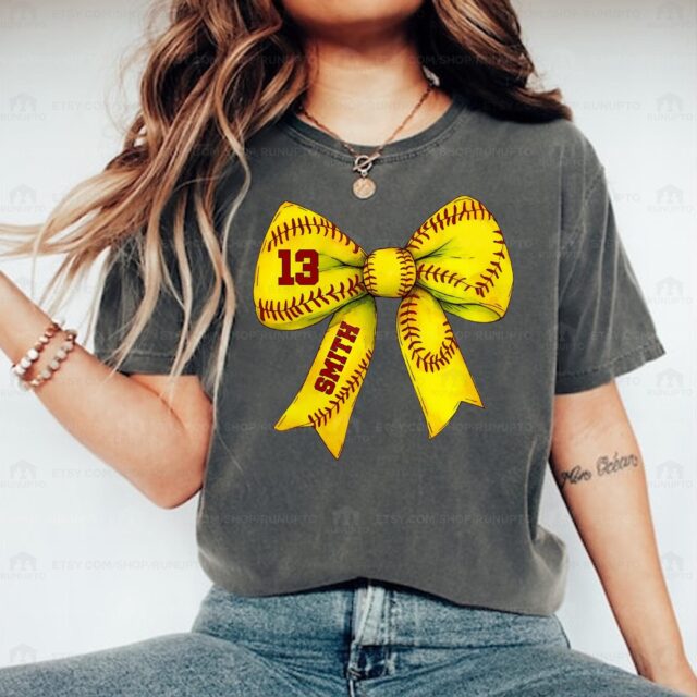 Softball Mom Shirt – Custom Name & Number Softball Bow Tee for Softball Season