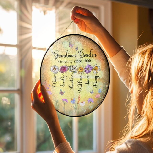 Personalized Birth Month Flowers Stained Glass Suncatcher – Custom Grandma’s Garden Gift