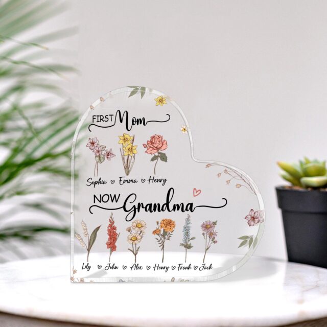 Personalized Grandma Acrylic Plaque – First Mom Now Grandma with Birth Month Flower Gift