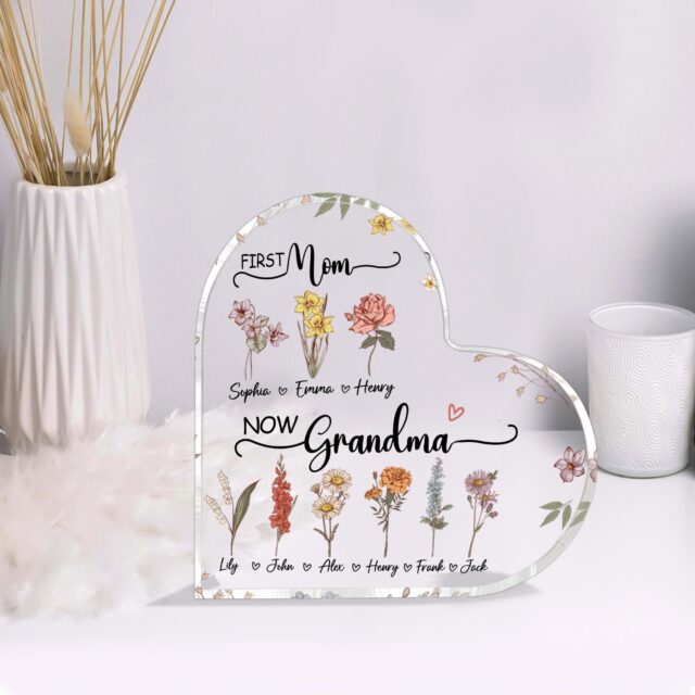 Personalized Grandma Acrylic Plaque – First Mom Now Grandma with Birth Month Flower Gift