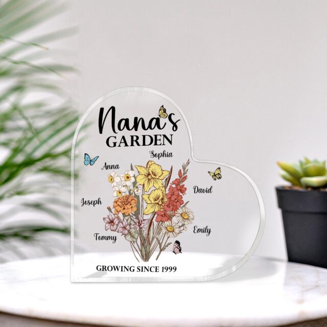 Personalized Nana’s Garden Heart Acrylic Plaque – Birth Month Flowers Gift