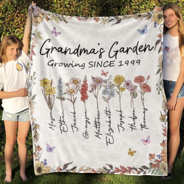 Custom Birth Month Flowers Grandma Blanket – Personalized Grandma’s Garden with Grandkids’ Names