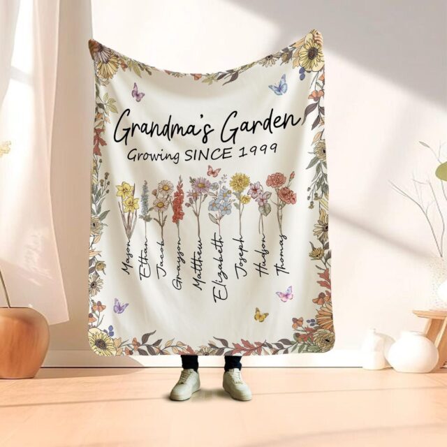 Custom Birth Month Flowers Grandma Blanket – Personalized Grandma’s Garden with Grandkids’ Names