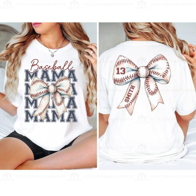 Personalized Baseball Mama Shirt – Custom Name & Number Baseball Bow Tee