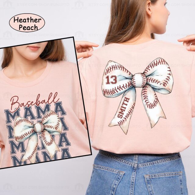 Personalized Baseball Mama Shirt – Custom Name & Number Baseball Bow Tee