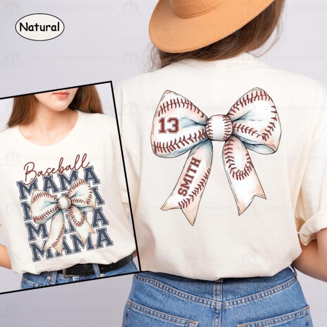 Personalized Baseball Mama Shirt – Custom Name & Number Baseball Bow Tee