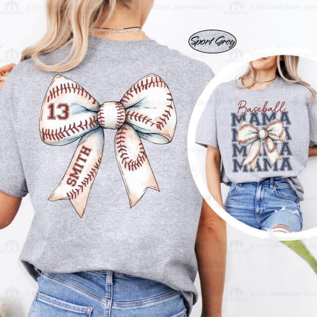 Personalized Baseball Mama Shirt – Custom Name & Number Baseball Bow Tee