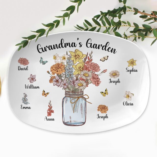 Custom Birth Month Flowers Grandma Plate – Personalized Family Platter for Mother’s Day