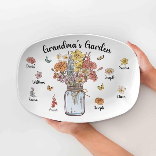 Custom Birth Month Flowers Grandma Plate – Personalized Family Platter for Mother’s Day