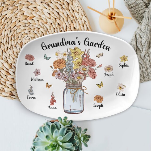 Custom Birth Month Flowers Grandma Plate – Personalized Family Platter for Mother’s Day