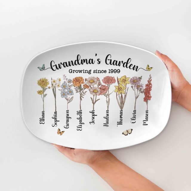 Custom Birth Month Flower Grandma’s Garden Plate – Personalized Grandma Platter for Mother’s Day