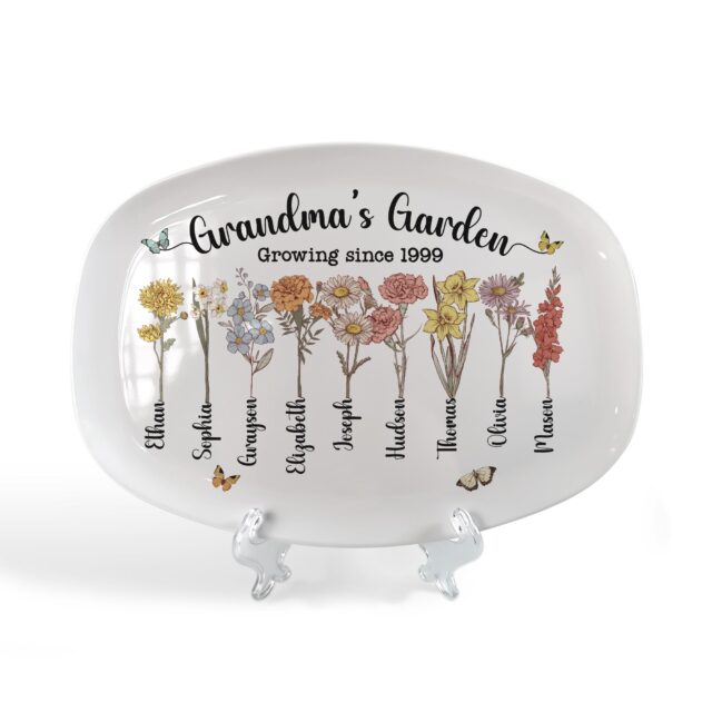 Custom Birth Month Flower Grandma’s Garden Plate – Personalized Grandma Platter for Mother’s Day