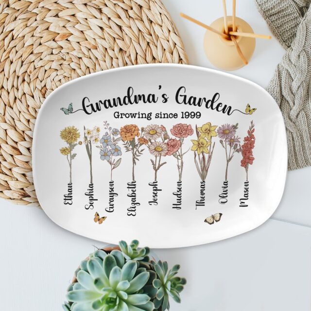 Custom Birth Month Flower Grandma’s Garden Plate – Personalized Grandma Platter for Mother’s Day