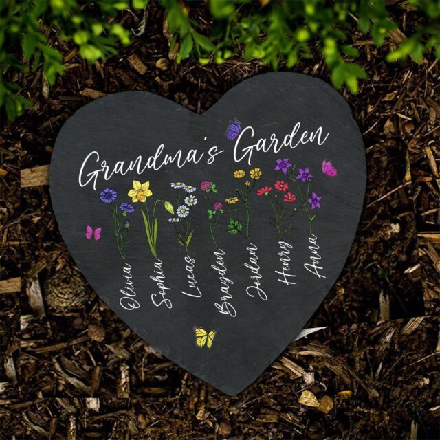 Personalized Garden Stone – Grandma’s Garden with Birth Month Flowers & Grandkids’ Names