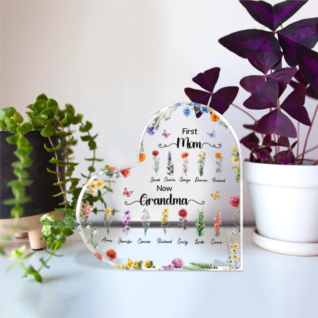 First Mom Now Grandma Heart Acrylic Plaque – Custom Birth Month Flower Gift for Grandma
