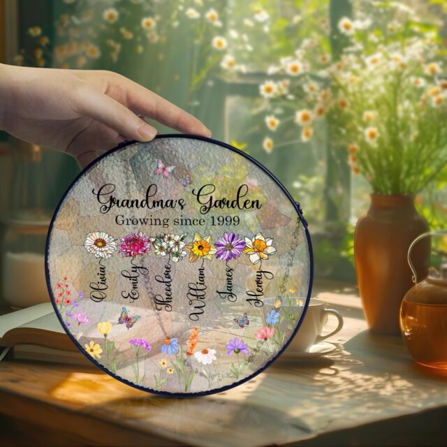 Personalized Birth Month Flowers Stained Glass Suncatcher – Custom Grandma’s Garden Gift