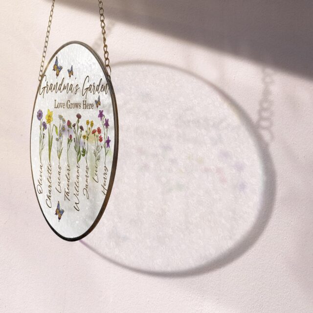 Personalized Birth Month Flowers Grandma’s Garden Suncatcher – Acrylic Glass with Grandkids’ Names