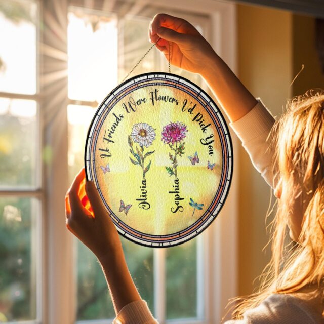 Personalized Birth Flower Stained Glass Suncatcher – “If Friends Were Flowers I’d Pick You” Friendship Gif