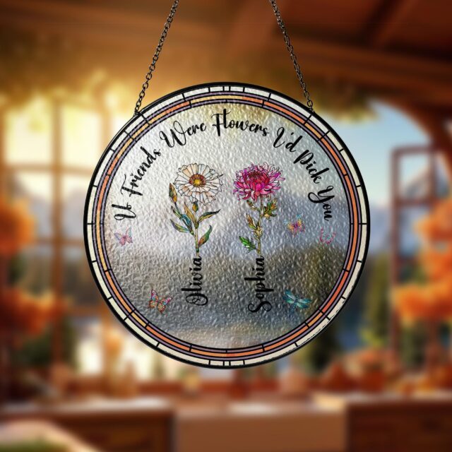 Personalized Birth Flower Stained Glass Suncatcher – “If Friends Were Flowers I’d Pick You” Friendship Gif