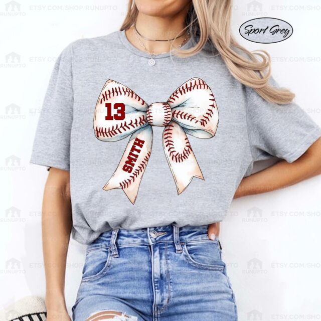 Baseball Mom Shirt – Custom Name & Number Baseball Bow Tee for Baseball Season