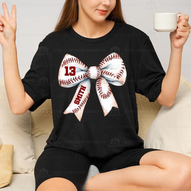 Baseball Mom Shirt – Custom Name & Number Baseball Bow Tee for Baseball Season