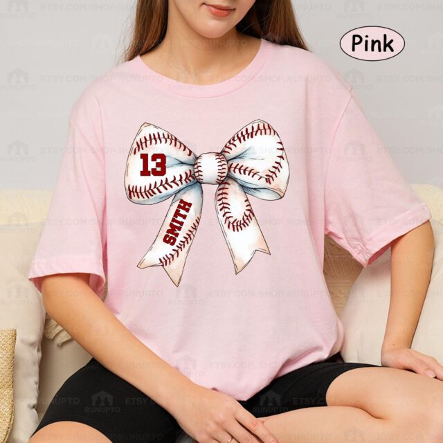 Baseball Mom Shirt – Custom Name & Number Baseball Bow Tee for Baseball Season